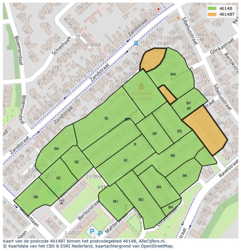 Afbeelding van het postcodegebied 4614 BT op de kaart.
