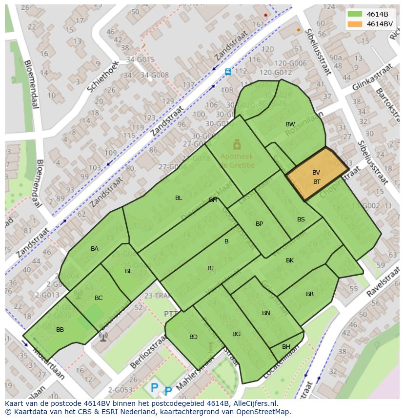 Afbeelding van het postcodegebied 4614 BV op de kaart.