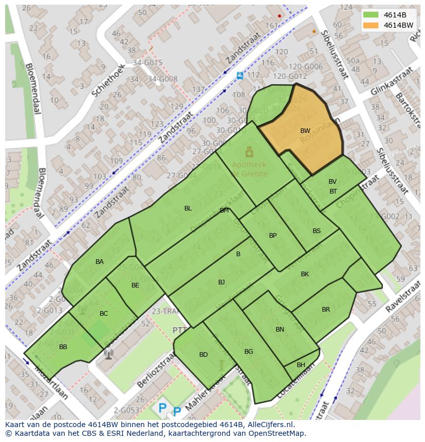 Afbeelding van het postcodegebied 4614 BW op de kaart.