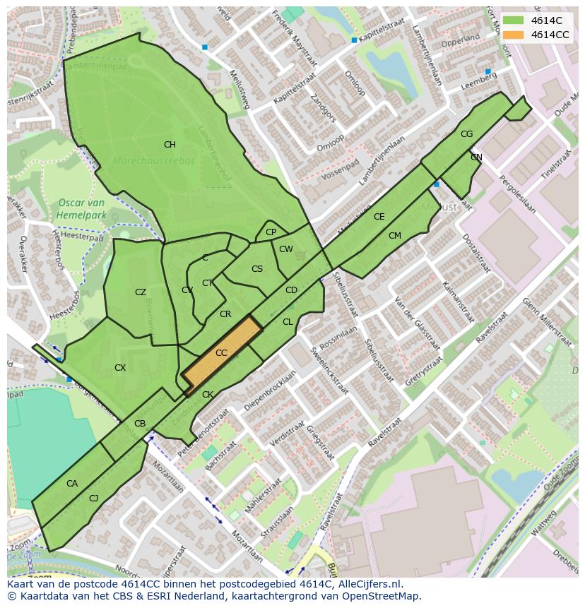 Afbeelding van het postcodegebied 4614 CC op de kaart.
