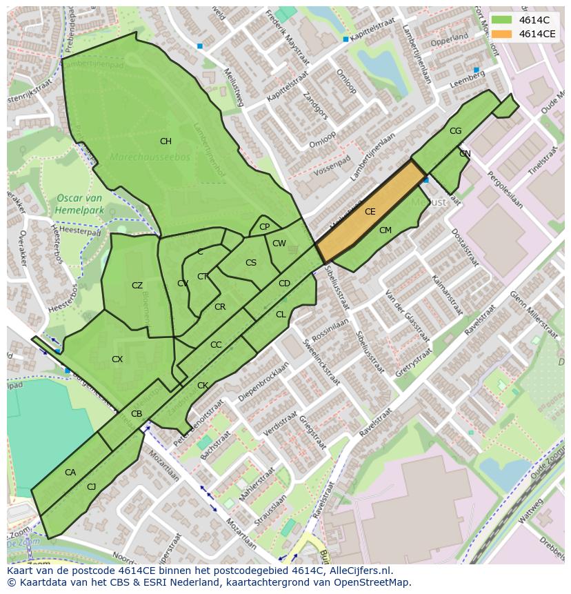 Afbeelding van het postcodegebied 4614 CE op de kaart.