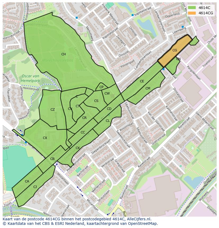 Afbeelding van het postcodegebied 4614 CG op de kaart.