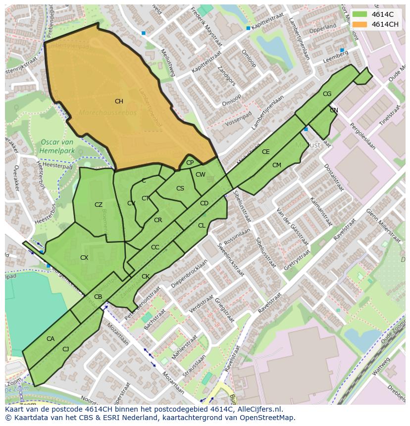 Afbeelding van het postcodegebied 4614 CH op de kaart.