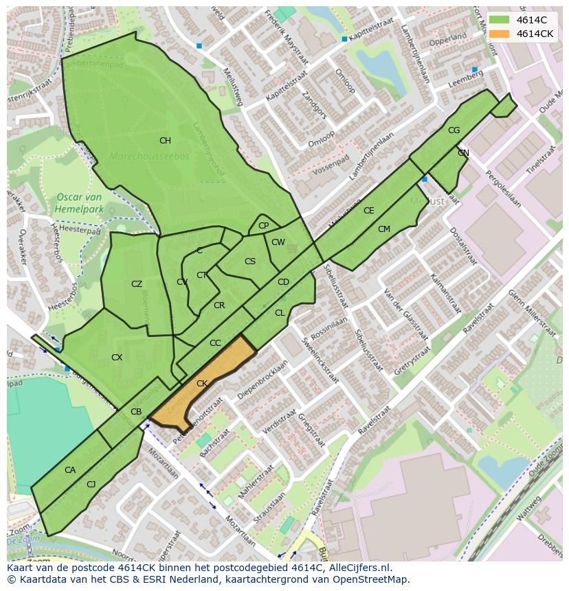 Afbeelding van het postcodegebied 4614 CK op de kaart.