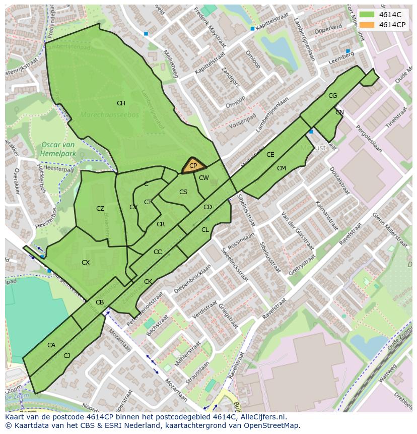 Afbeelding van het postcodegebied 4614 CP op de kaart.