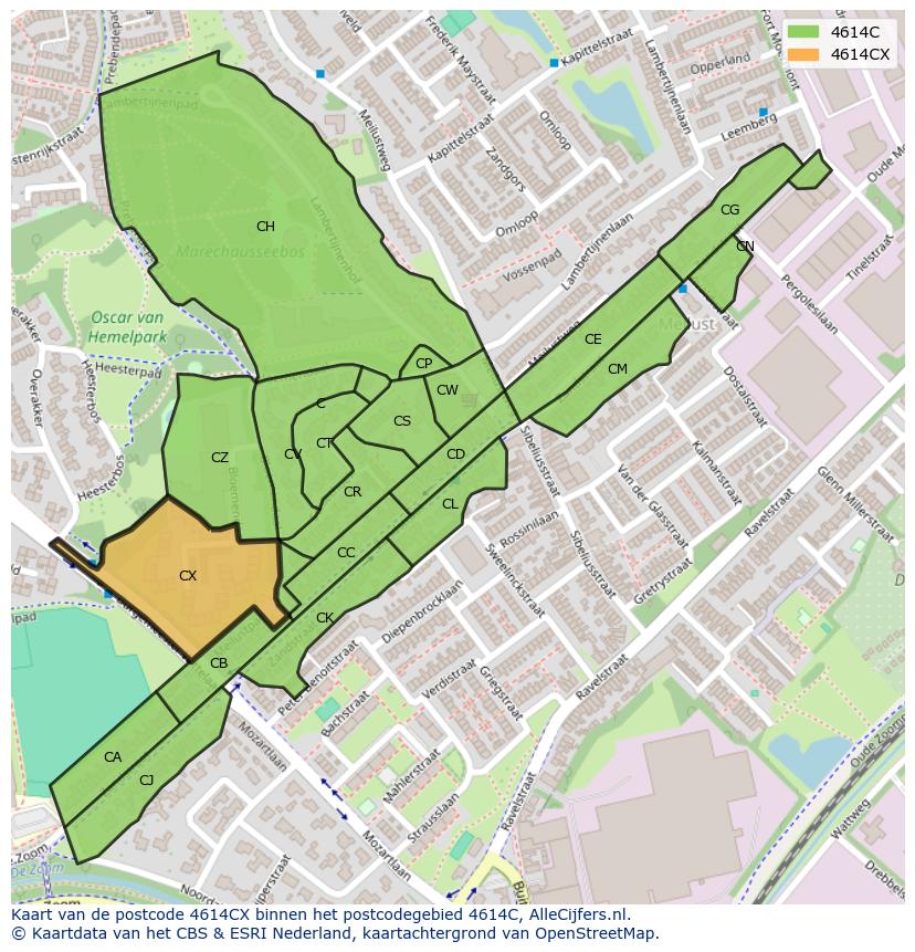 Afbeelding van het postcodegebied 4614 CX op de kaart.