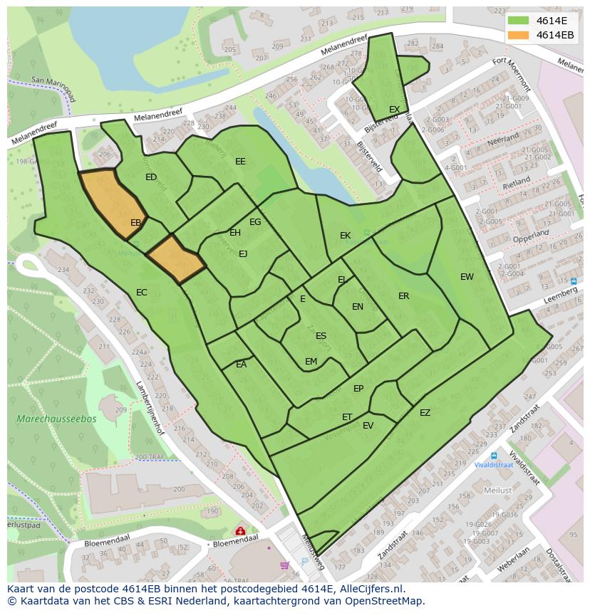 Afbeelding van het postcodegebied 4614 EB op de kaart.