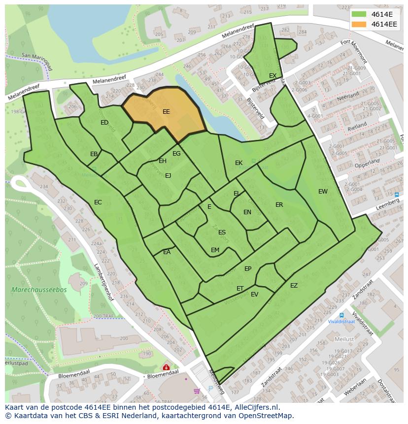 Afbeelding van het postcodegebied 4614 EE op de kaart.