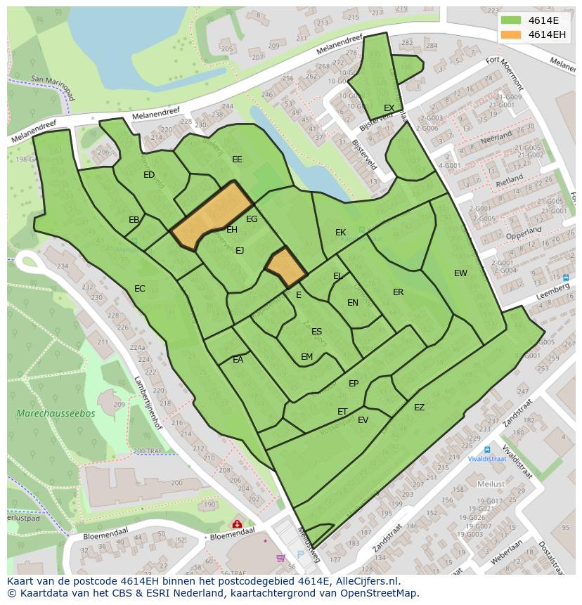 Afbeelding van het postcodegebied 4614 EH op de kaart.