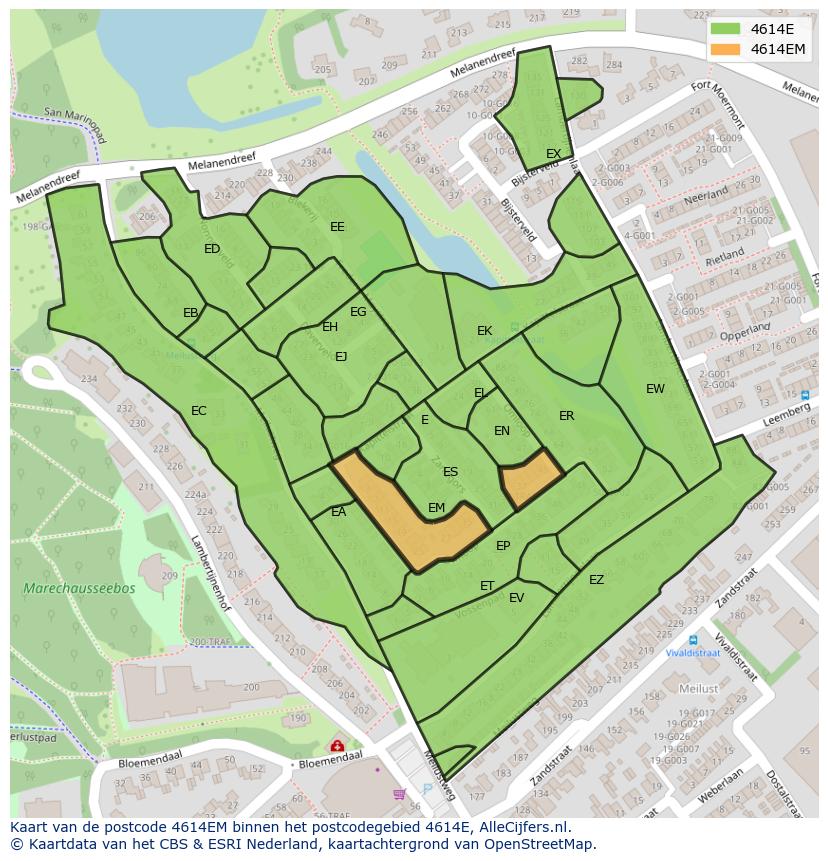 Afbeelding van het postcodegebied 4614 EM op de kaart.