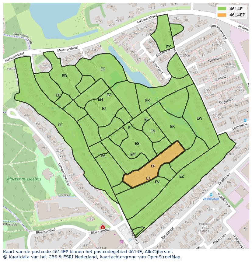 Afbeelding van het postcodegebied 4614 EP op de kaart.