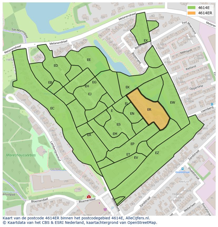 Afbeelding van het postcodegebied 4614 ER op de kaart.