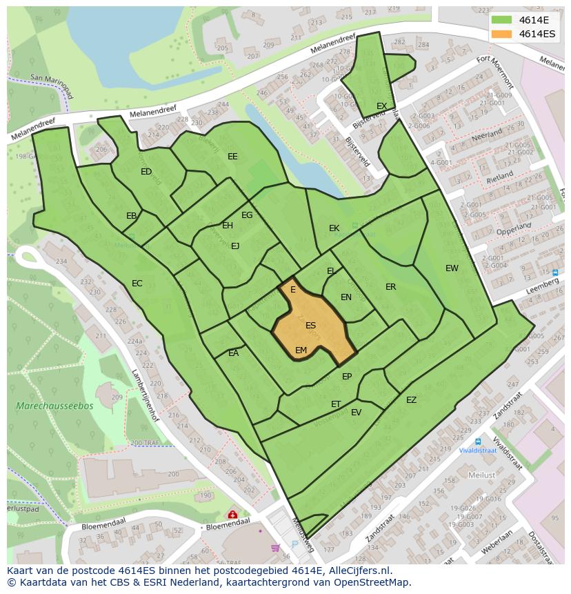 Afbeelding van het postcodegebied 4614 ES op de kaart.