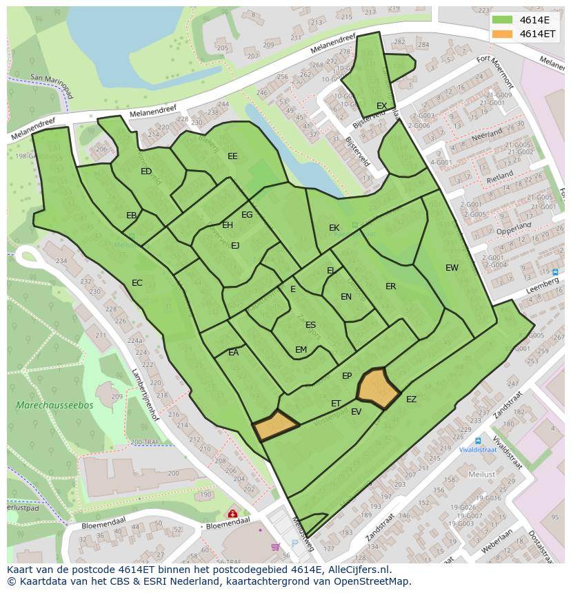 Afbeelding van het postcodegebied 4614 ET op de kaart.
