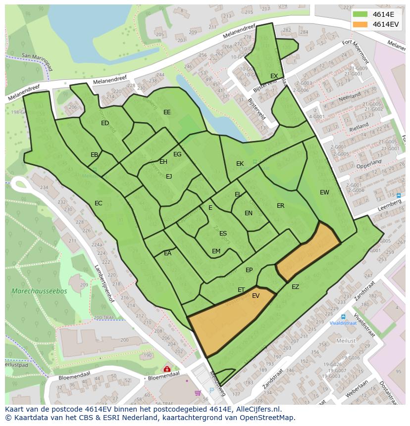 Afbeelding van het postcodegebied 4614 EV op de kaart.