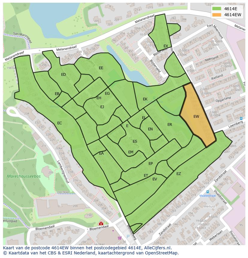 Afbeelding van het postcodegebied 4614 EW op de kaart.