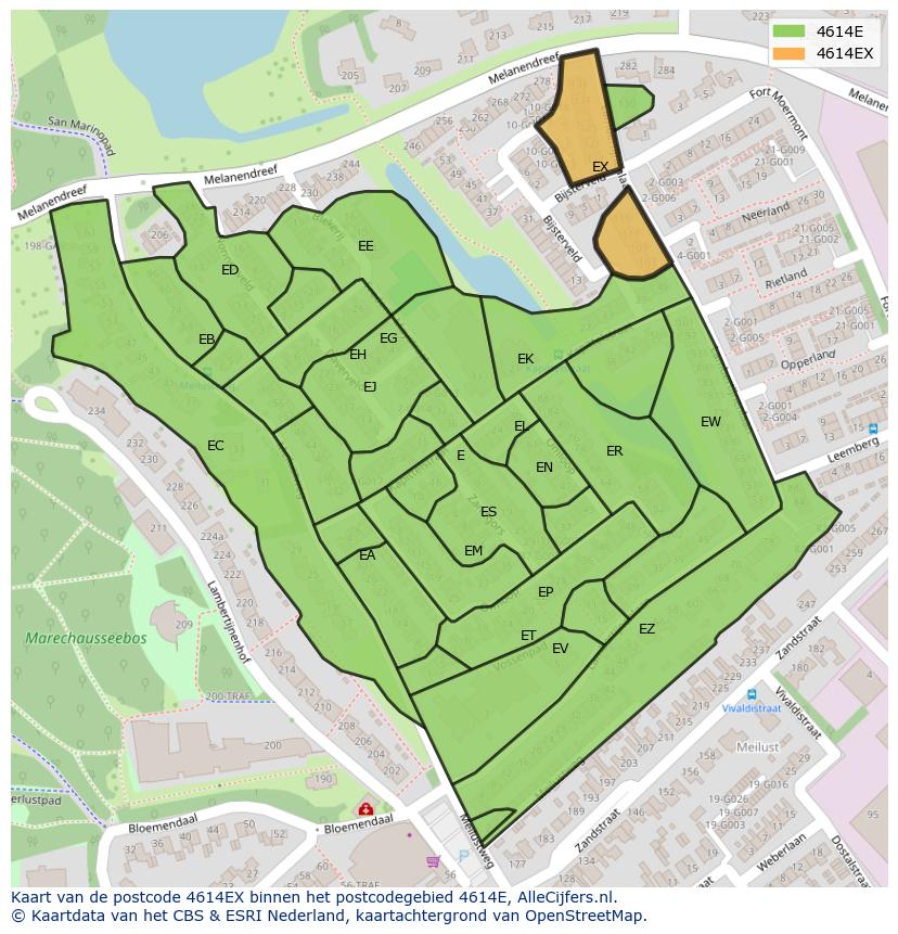 Afbeelding van het postcodegebied 4614 EX op de kaart.