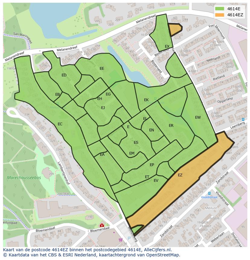 Afbeelding van het postcodegebied 4614 EZ op de kaart.