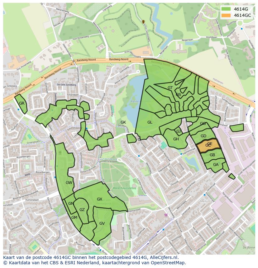 Afbeelding van het postcodegebied 4614 GC op de kaart.