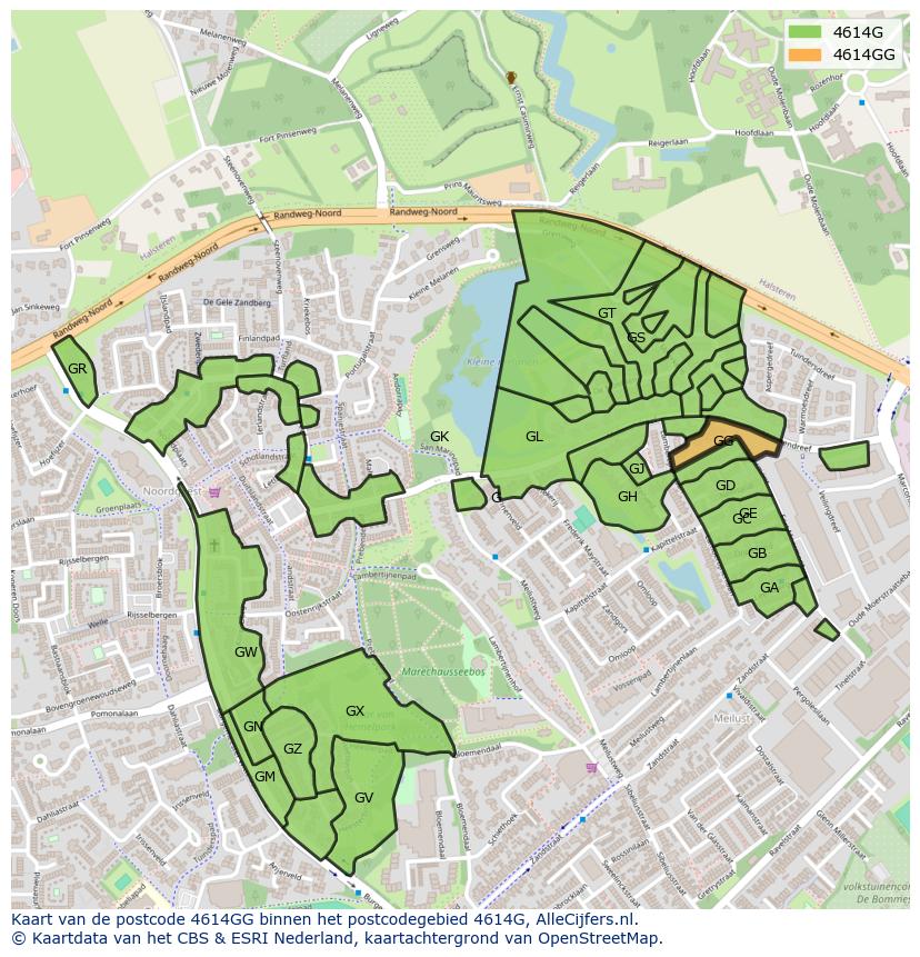 Afbeelding van het postcodegebied 4614 GG op de kaart.
