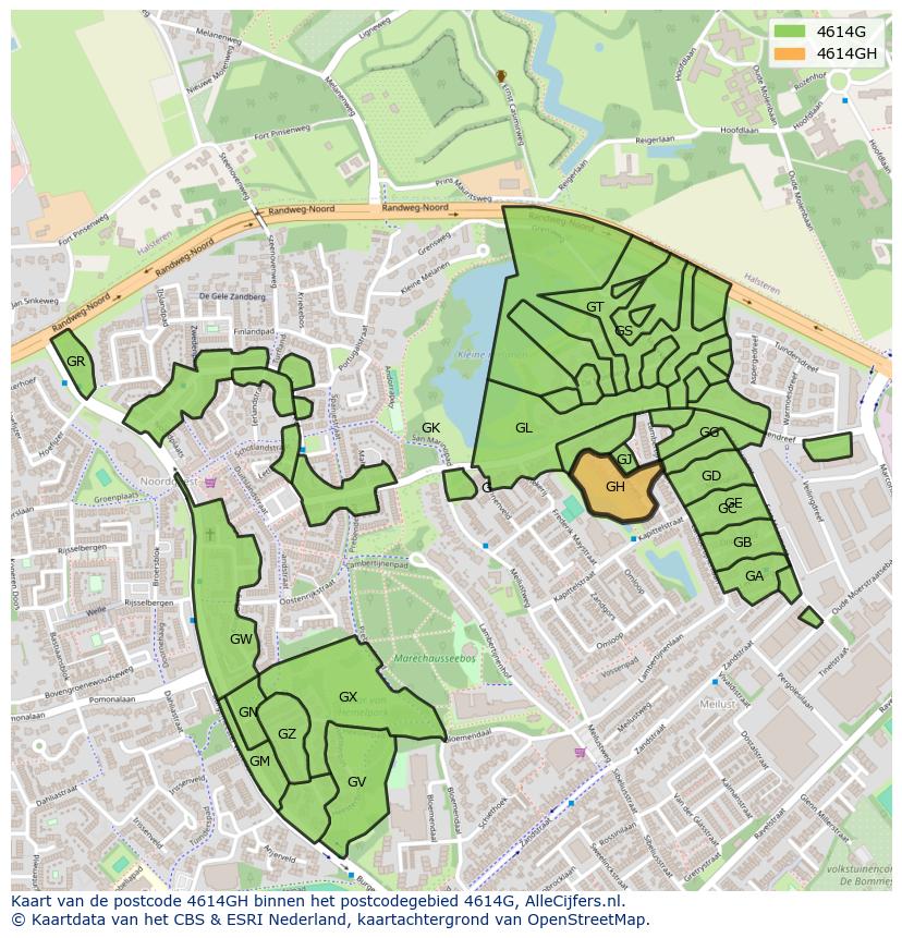 Afbeelding van het postcodegebied 4614 GH op de kaart.