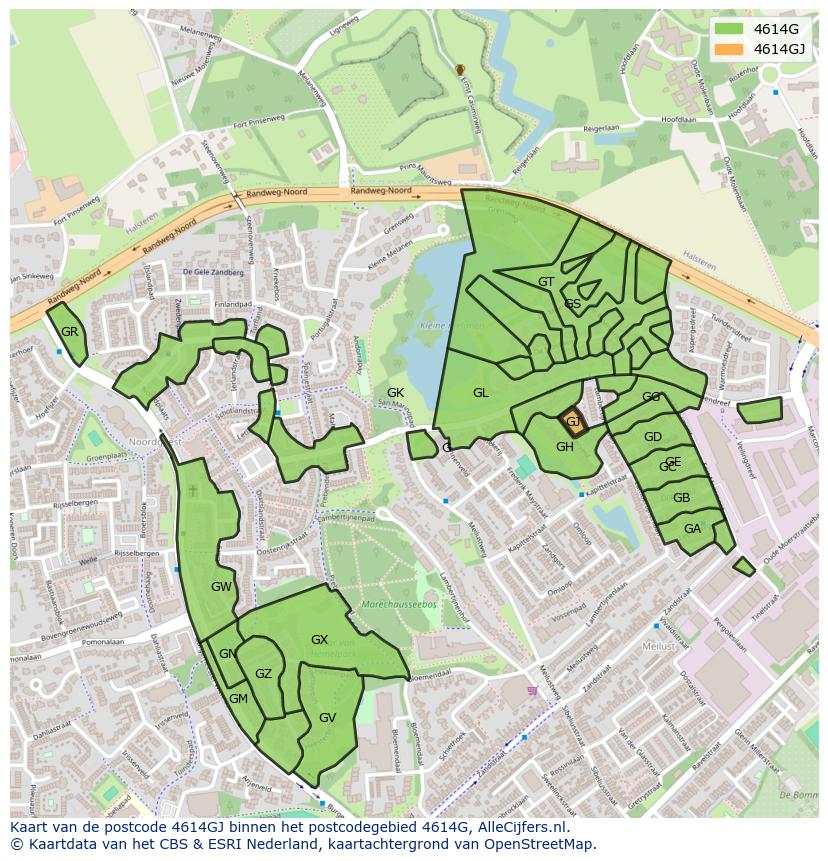 Afbeelding van het postcodegebied 4614 GJ op de kaart.