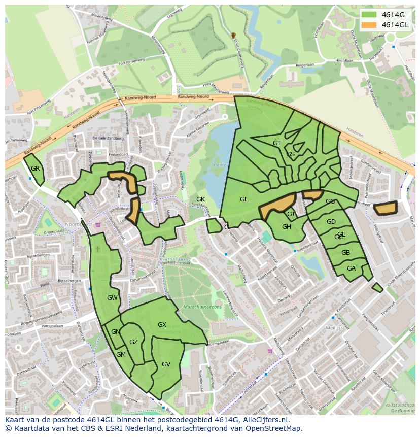 Afbeelding van het postcodegebied 4614 GL op de kaart.