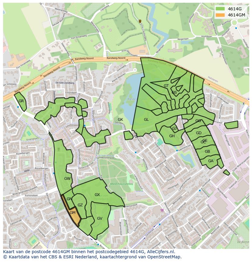 Afbeelding van het postcodegebied 4614 GM op de kaart.