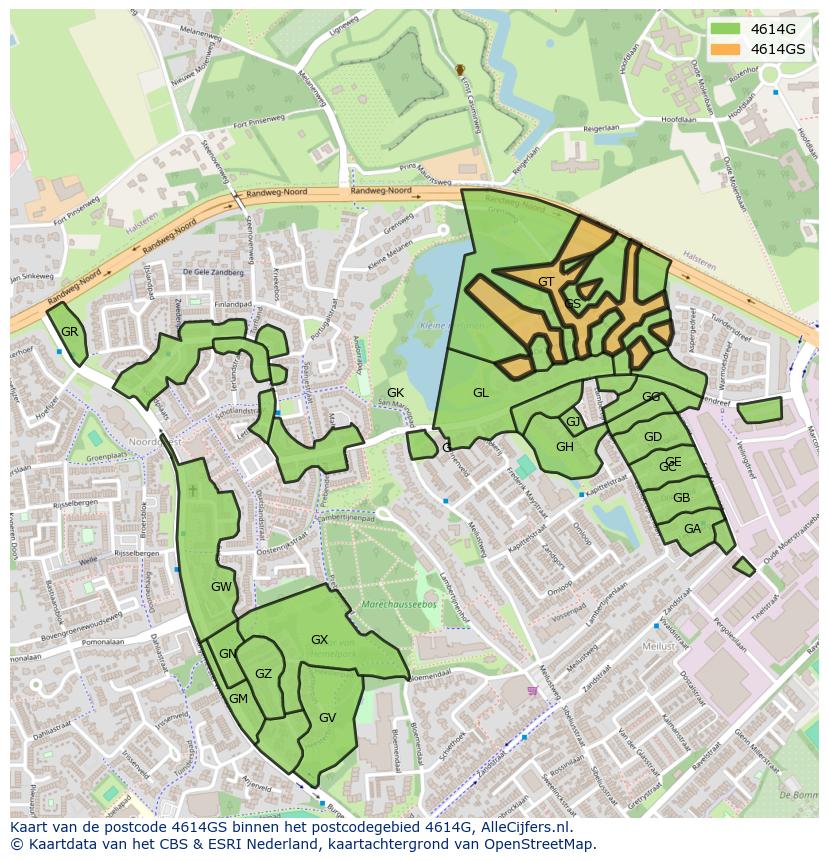 Afbeelding van het postcodegebied 4614 GS op de kaart.