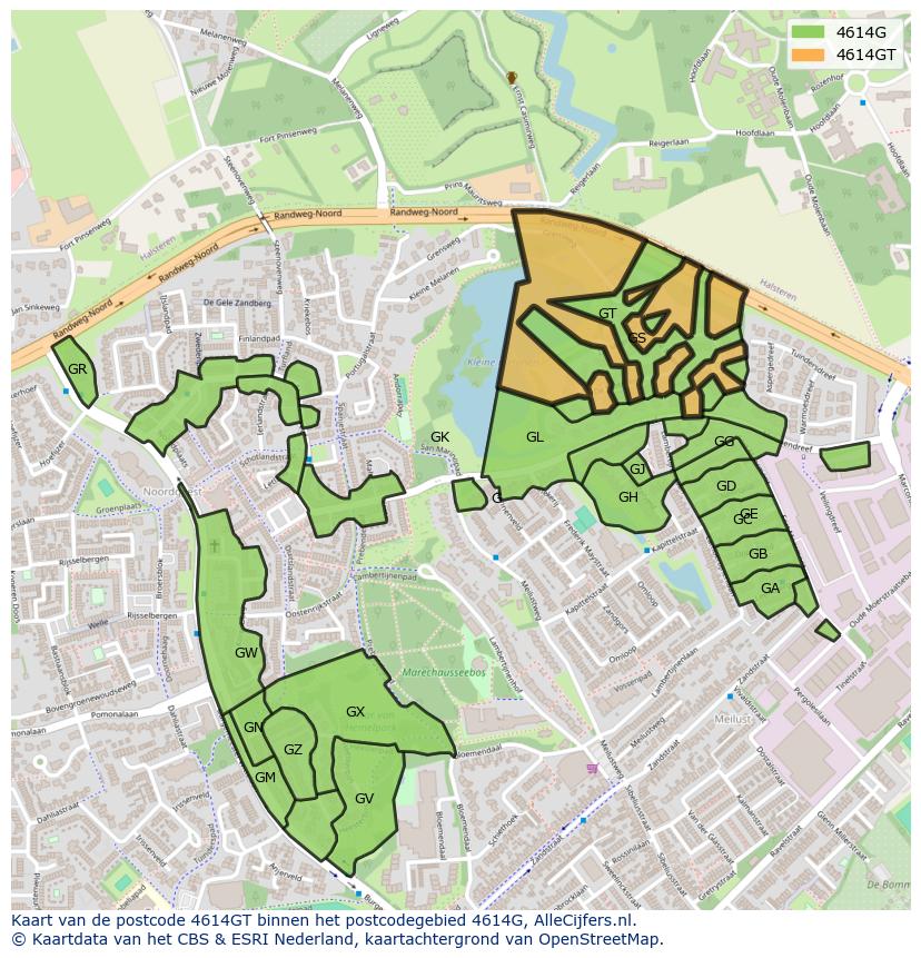 Afbeelding van het postcodegebied 4614 GT op de kaart.