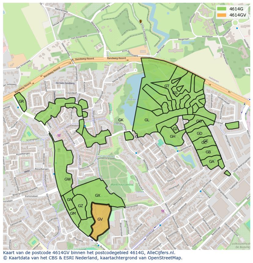 Afbeelding van het postcodegebied 4614 GV op de kaart.