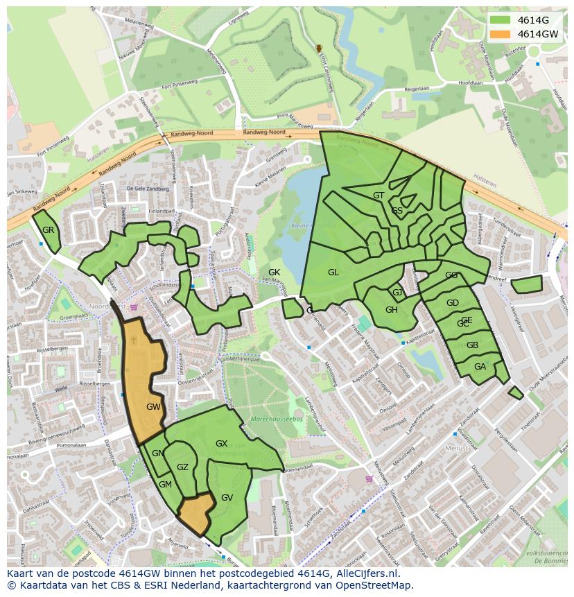 Afbeelding van het postcodegebied 4614 GW op de kaart.