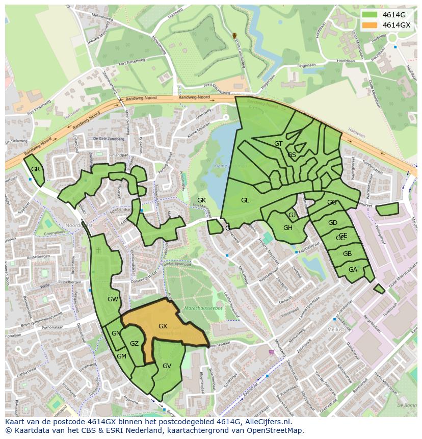 Afbeelding van het postcodegebied 4614 GX op de kaart.