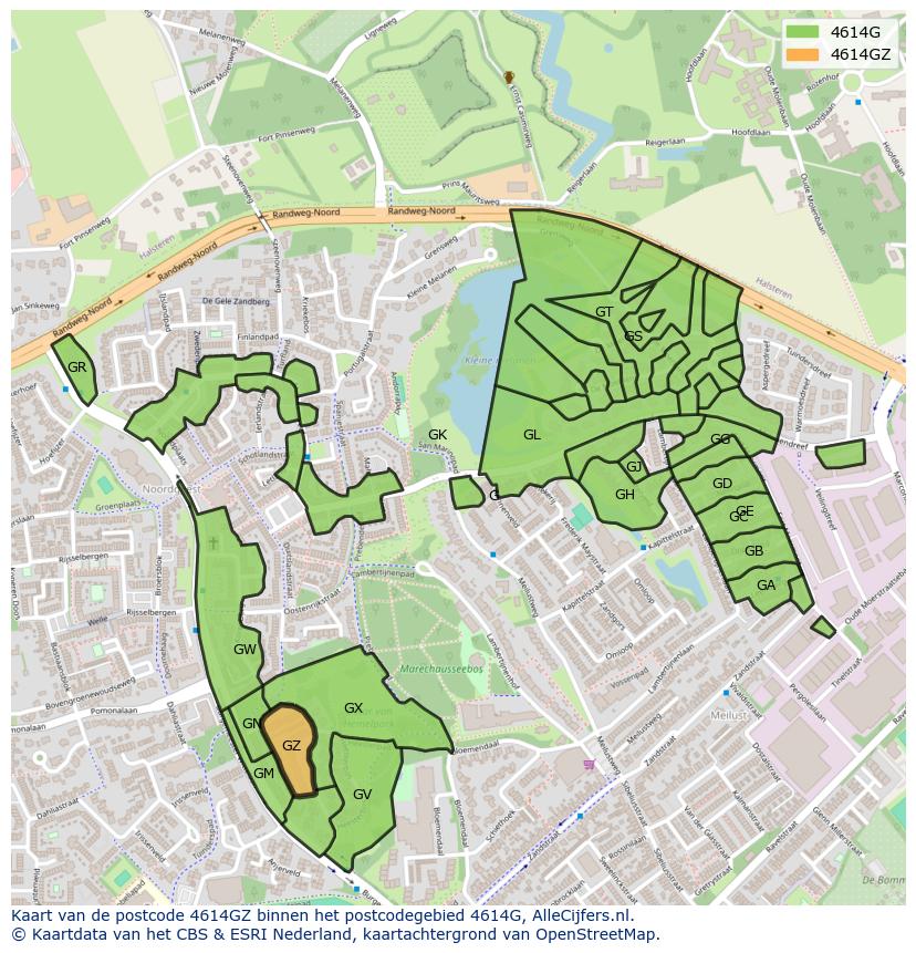 Afbeelding van het postcodegebied 4614 GZ op de kaart.