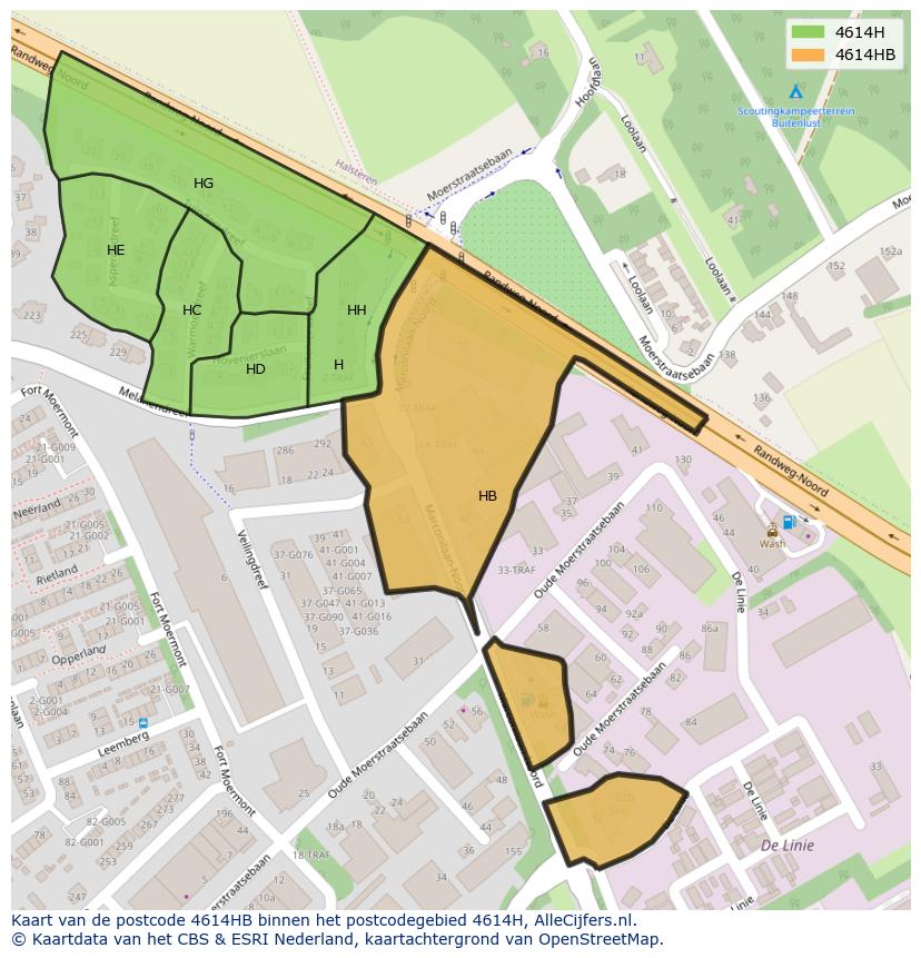 Afbeelding van het postcodegebied 4614 HB op de kaart.