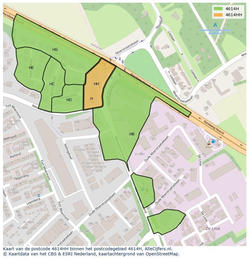 Afbeelding van het postcodegebied 4614 HH op de kaart.