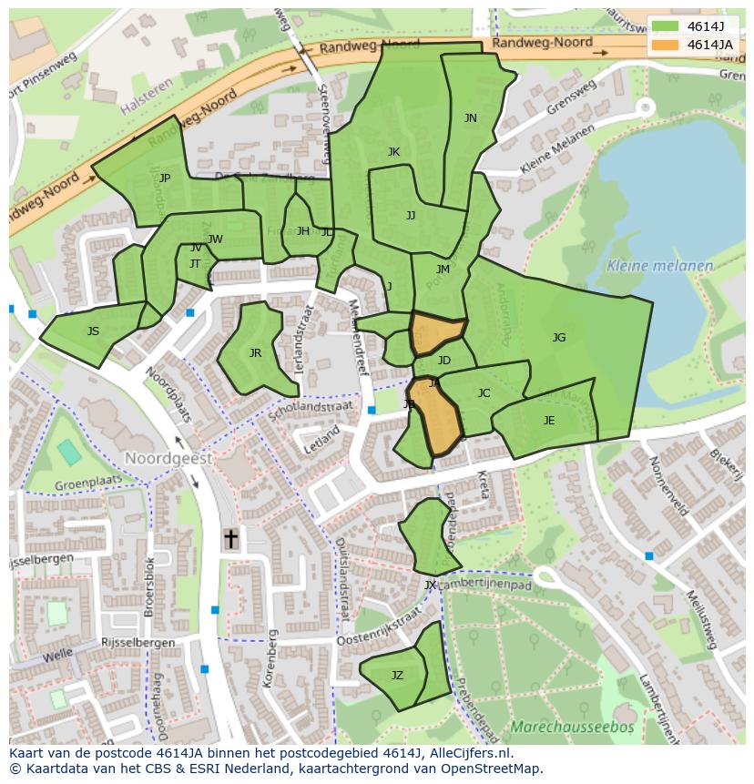 Afbeelding van het postcodegebied 4614 JA op de kaart.