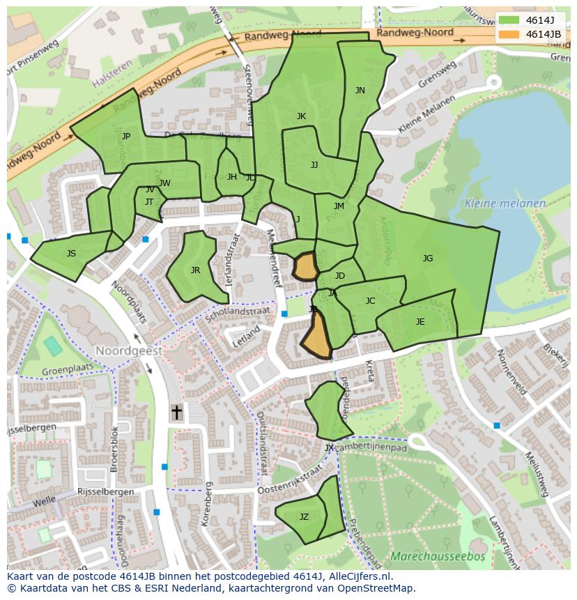 Afbeelding van het postcodegebied 4614 JB op de kaart.