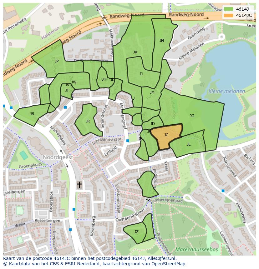 Afbeelding van het postcodegebied 4614 JC op de kaart.
