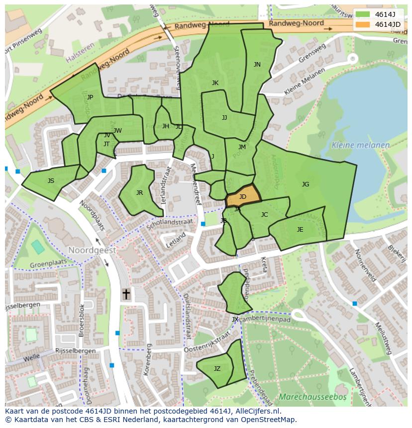 Afbeelding van het postcodegebied 4614 JD op de kaart.