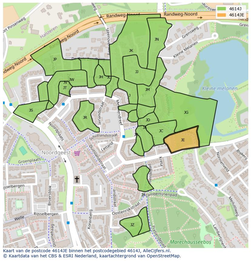 Afbeelding van het postcodegebied 4614 JE op de kaart.