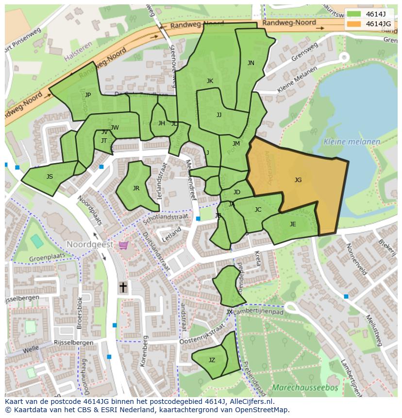 Afbeelding van het postcodegebied 4614 JG op de kaart.