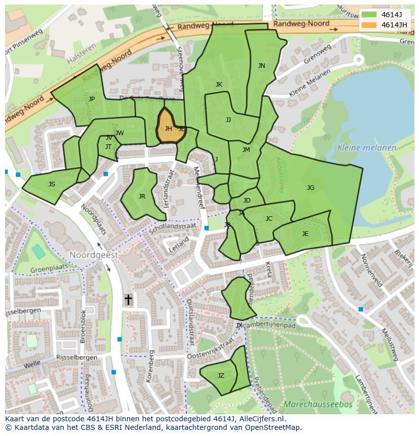 Afbeelding van het postcodegebied 4614 JH op de kaart.