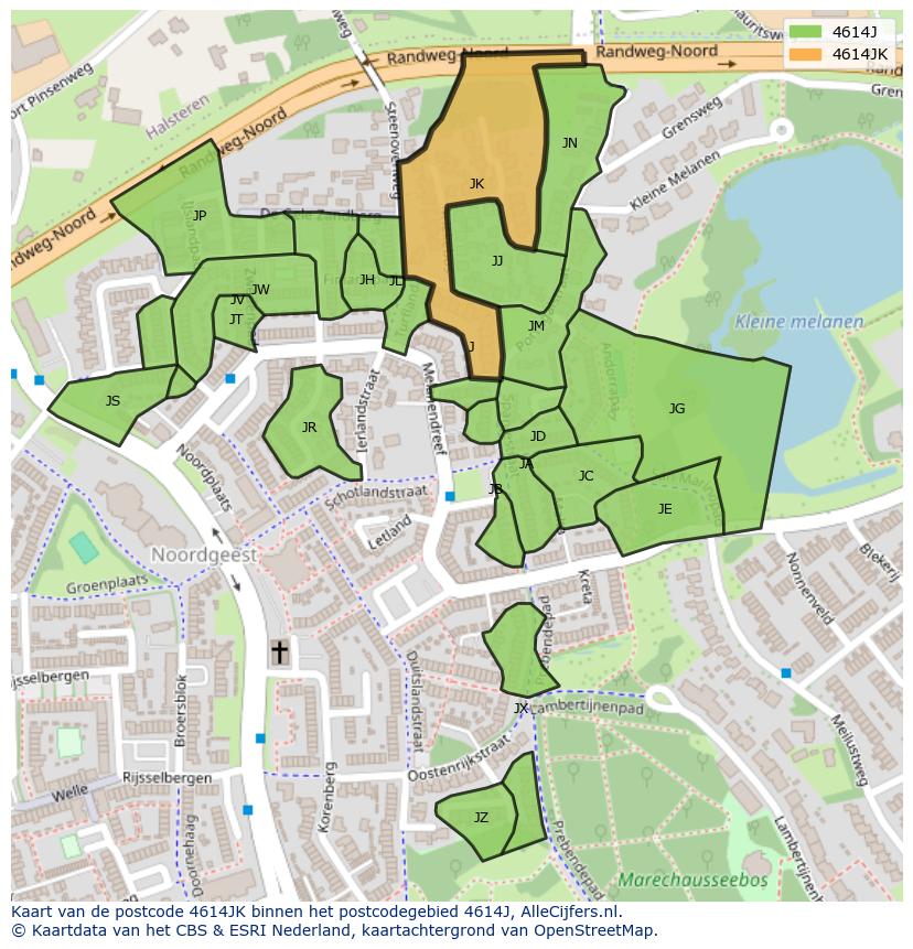 Afbeelding van het postcodegebied 4614 JK op de kaart.