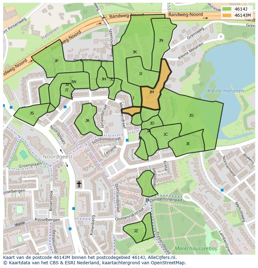 Afbeelding van het postcodegebied 4614 JM op de kaart.