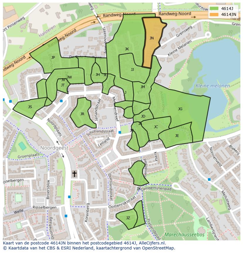 Afbeelding van het postcodegebied 4614 JN op de kaart.