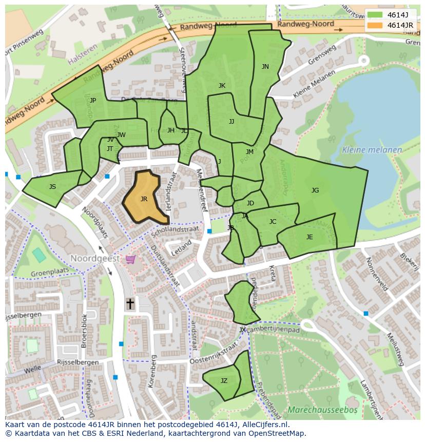 Afbeelding van het postcodegebied 4614 JR op de kaart.