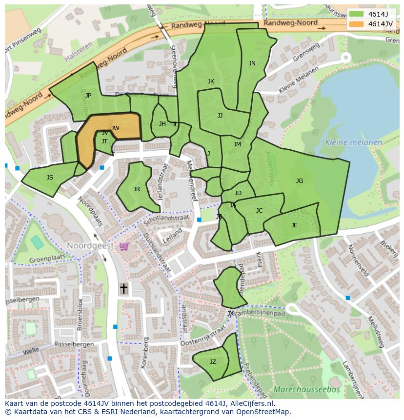 Afbeelding van het postcodegebied 4614 JV op de kaart.