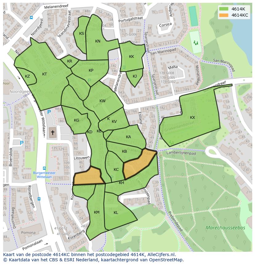 Afbeelding van het postcodegebied 4614 KC op de kaart.
