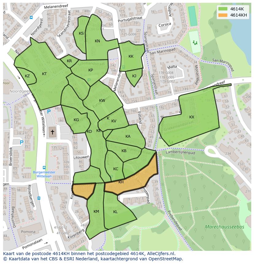 Afbeelding van het postcodegebied 4614 KH op de kaart.